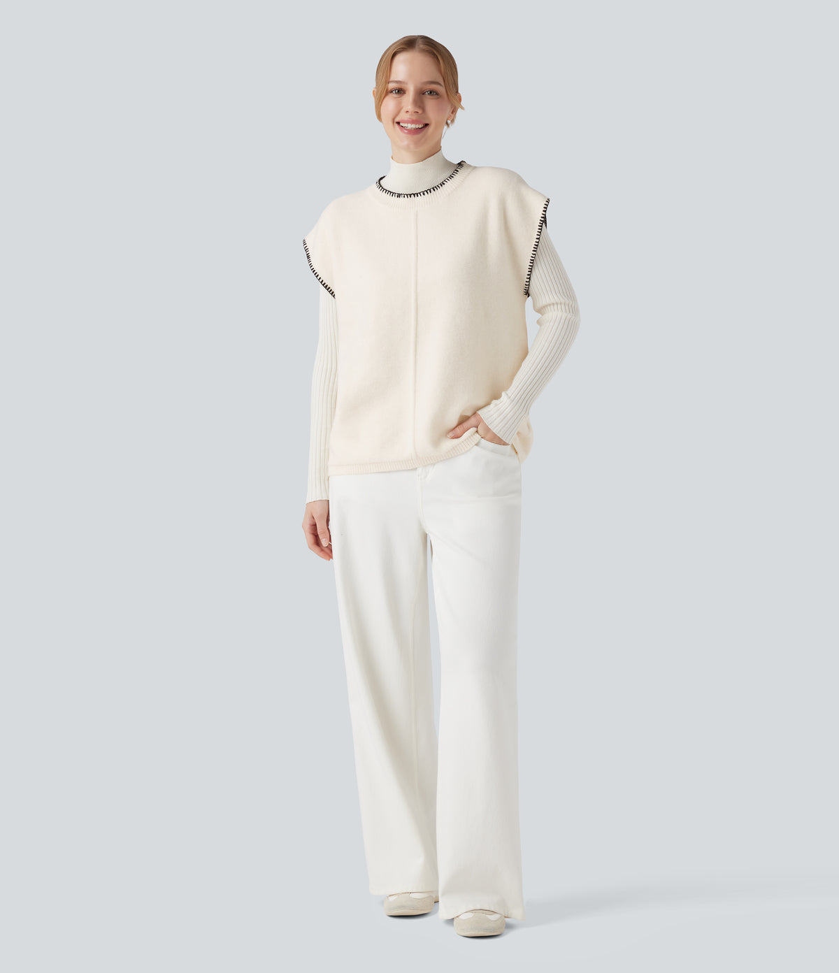 Round Neck Color Block Work Jumper Vest — Slightly Pink — view 6