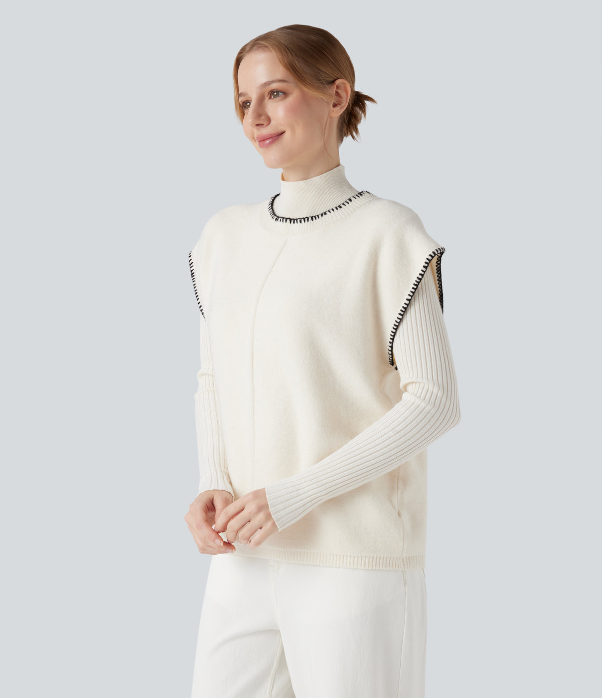 Round Neck Color Block Work Jumper Vest — Slightly Pink — view 1