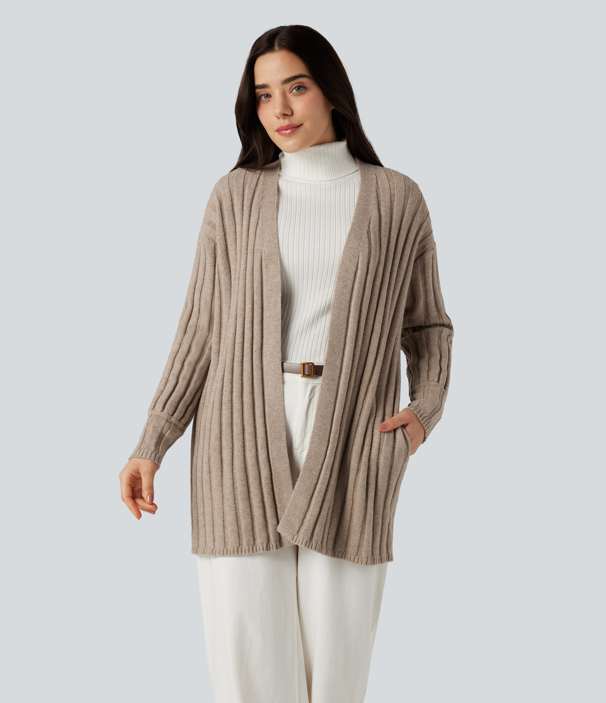 Long Sleeve Casual Cardigan with Pockets — Doeskin — view 1