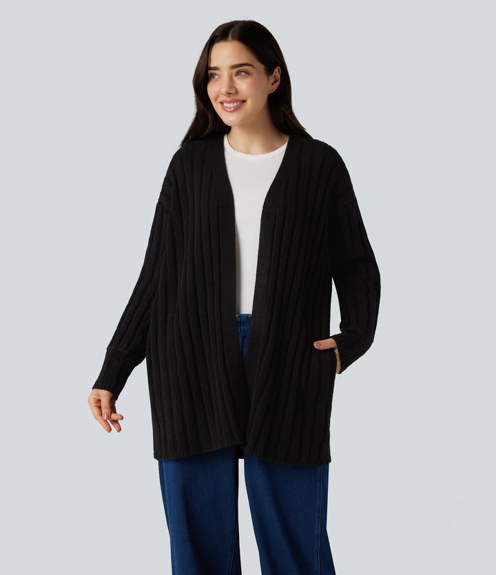 Long Sleeve Casual Cardigan with Pockets — Black — view 6