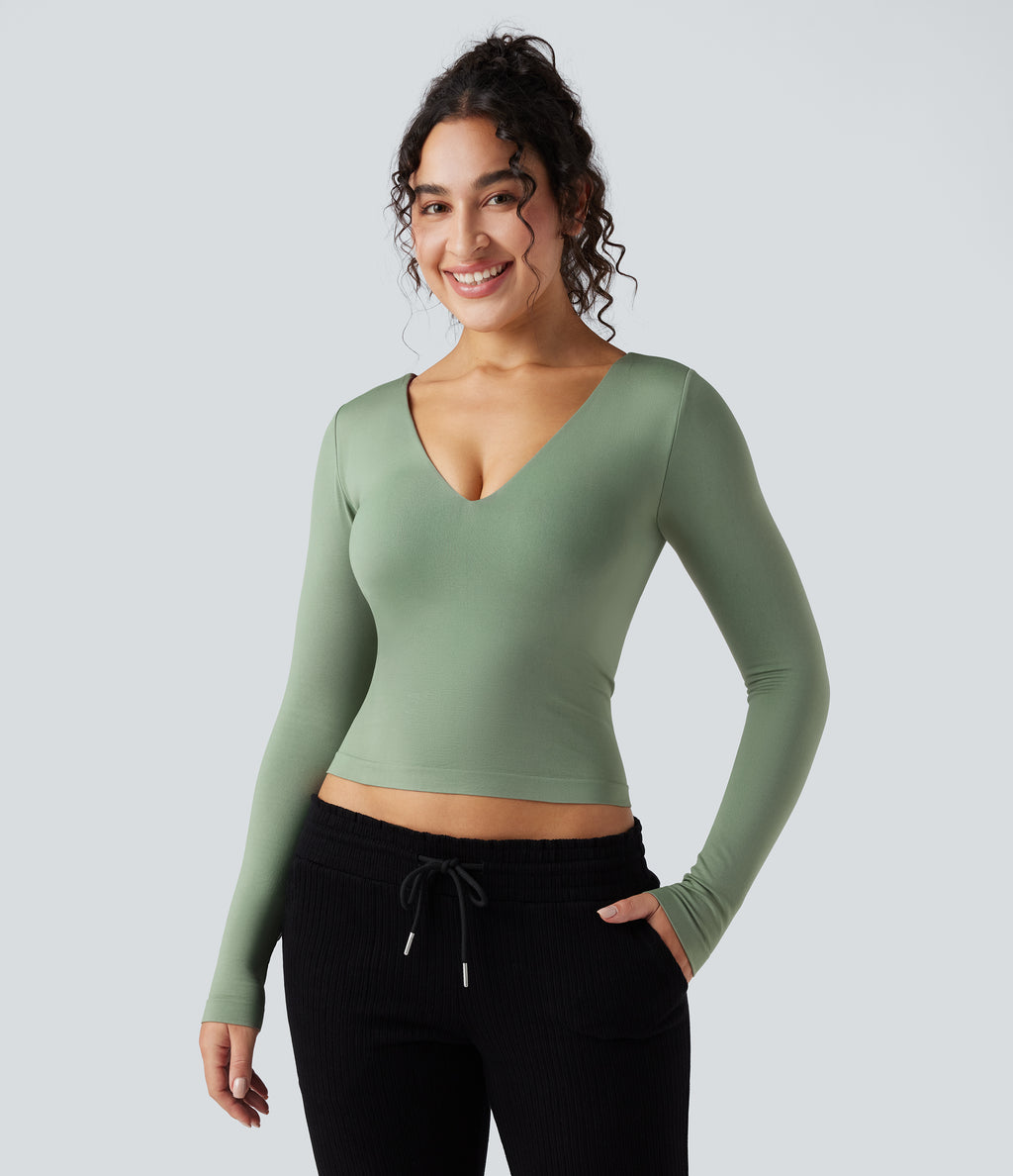OneForm Seamless Flow V-neck Long Sleeve Yoga Sports Top — Basil — view 2