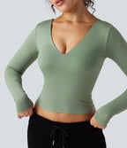 OneForm Seamless Flow V-neck Long Sleeve Yoga Sports Top — Basil — view 1