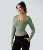 OneForm Seamless Flow V-neck Long Sleeve Yoga Sports Top — Basil — view 4