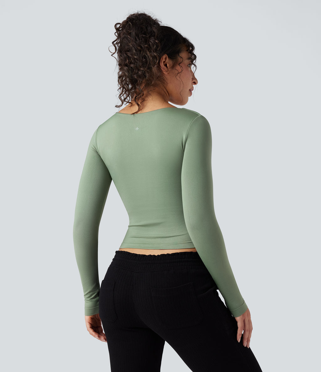 OneForm Seamless Flow V-neck Long Sleeve Yoga Sports Top — Basil — view 3