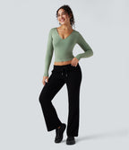 OneForm Seamless Flow V-neck Long Sleeve Yoga Sports Top — Basil — view 6