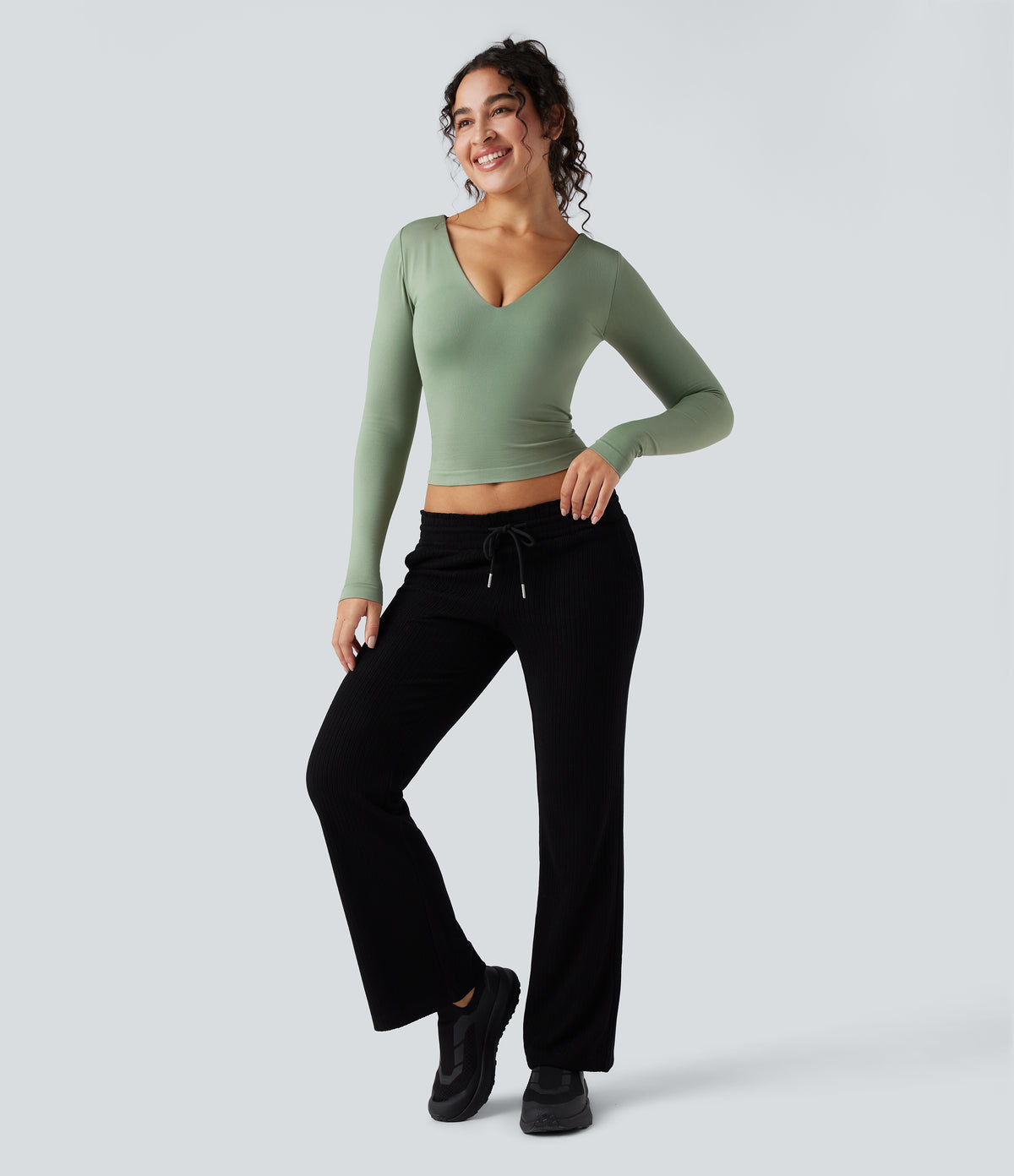 OneForm Seamless Flow V-neck Long Sleeve Yoga Sports Top — Basil — view 6