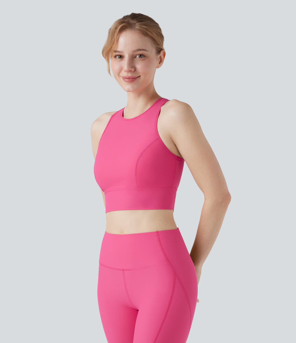 Land to Water Crisscross Back Built-in Bra Cropped Tankini Top Swimsuit — Claret Red — view 4