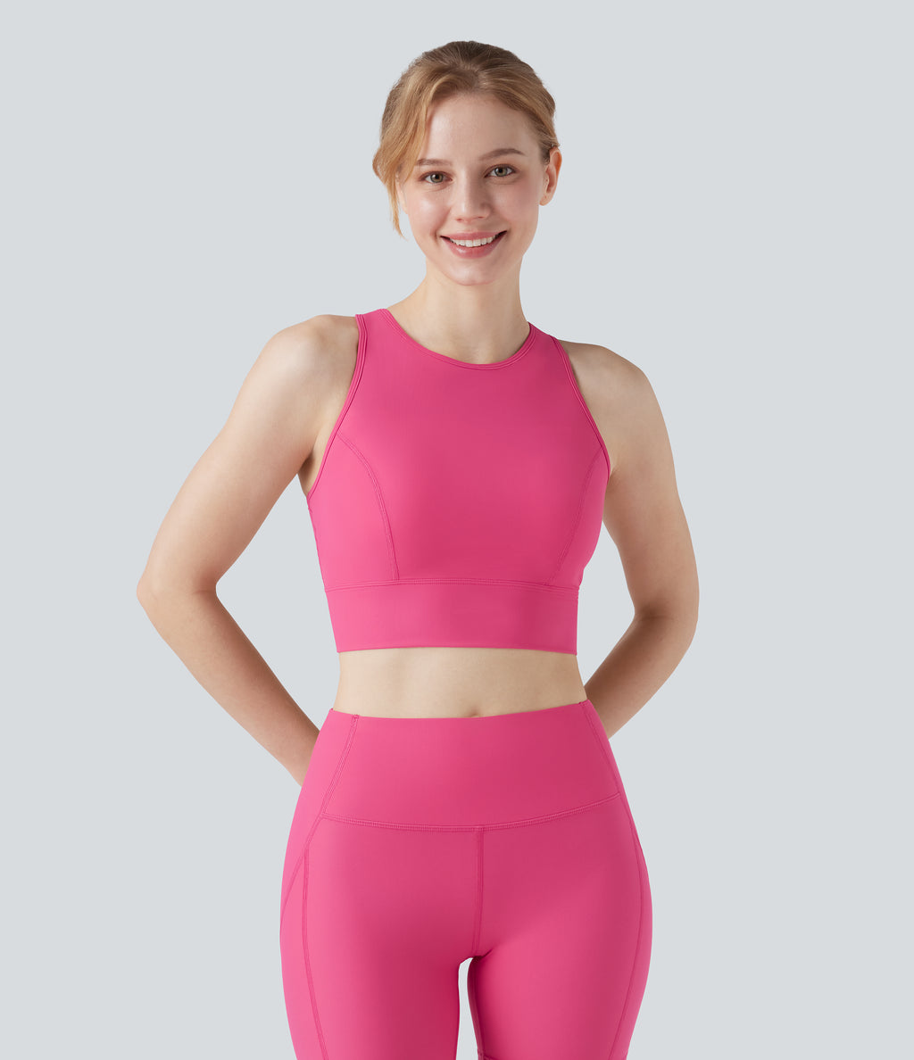 Land to Water Crisscross Back Built-in Bra Cropped Tankini Top Swimsuit — Claret Red — view 2
