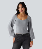 Queen Anne Neck Long Sleeve Casual Jumper — Light Blue Ash — view 1