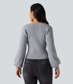 Queen Anne Neck Long Sleeve Casual Jumper — Light Blue Ash — view 2