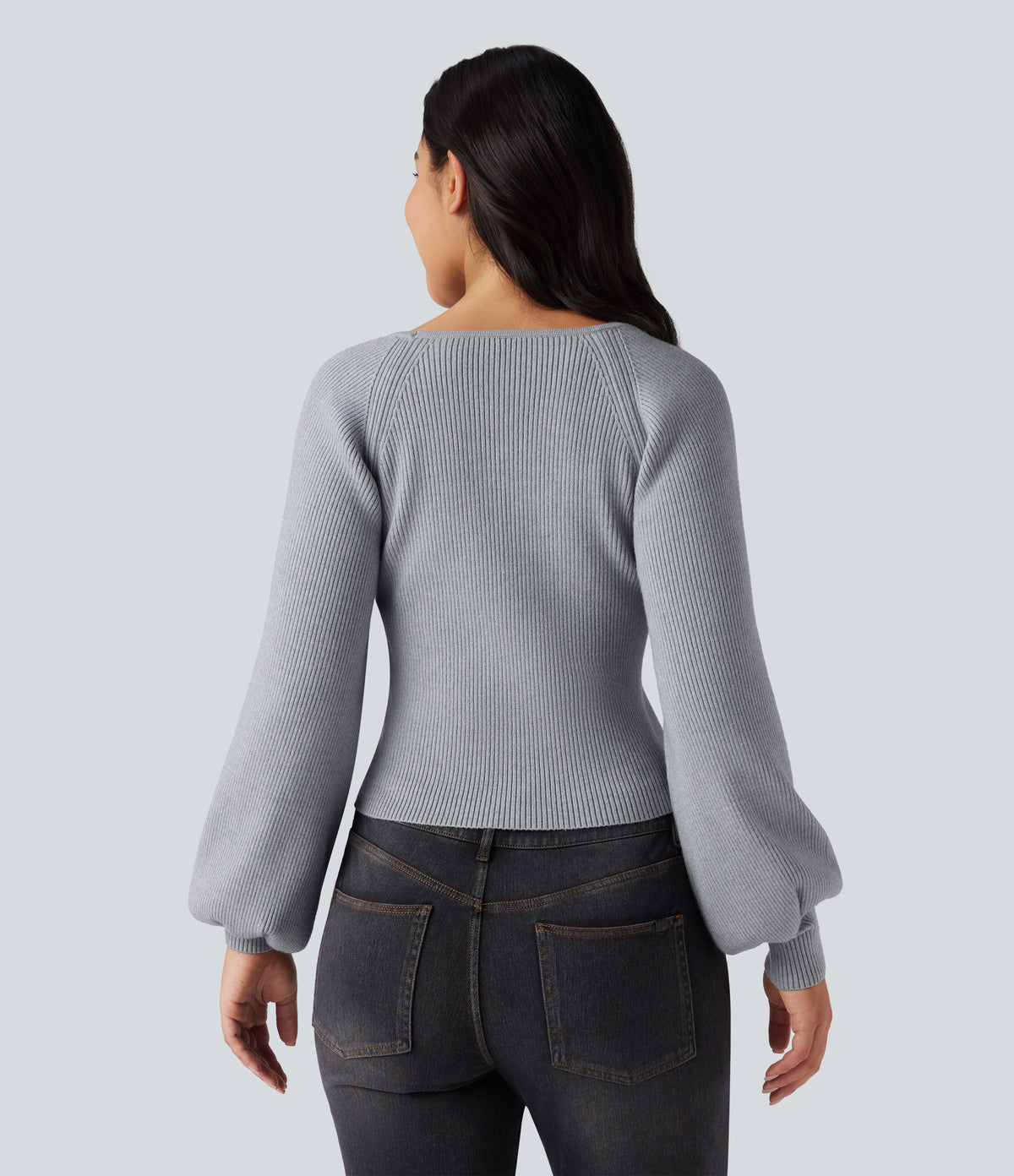 Queen Anne Neck Long Sleeve Casual Jumper — Light Blue Ash — view 2