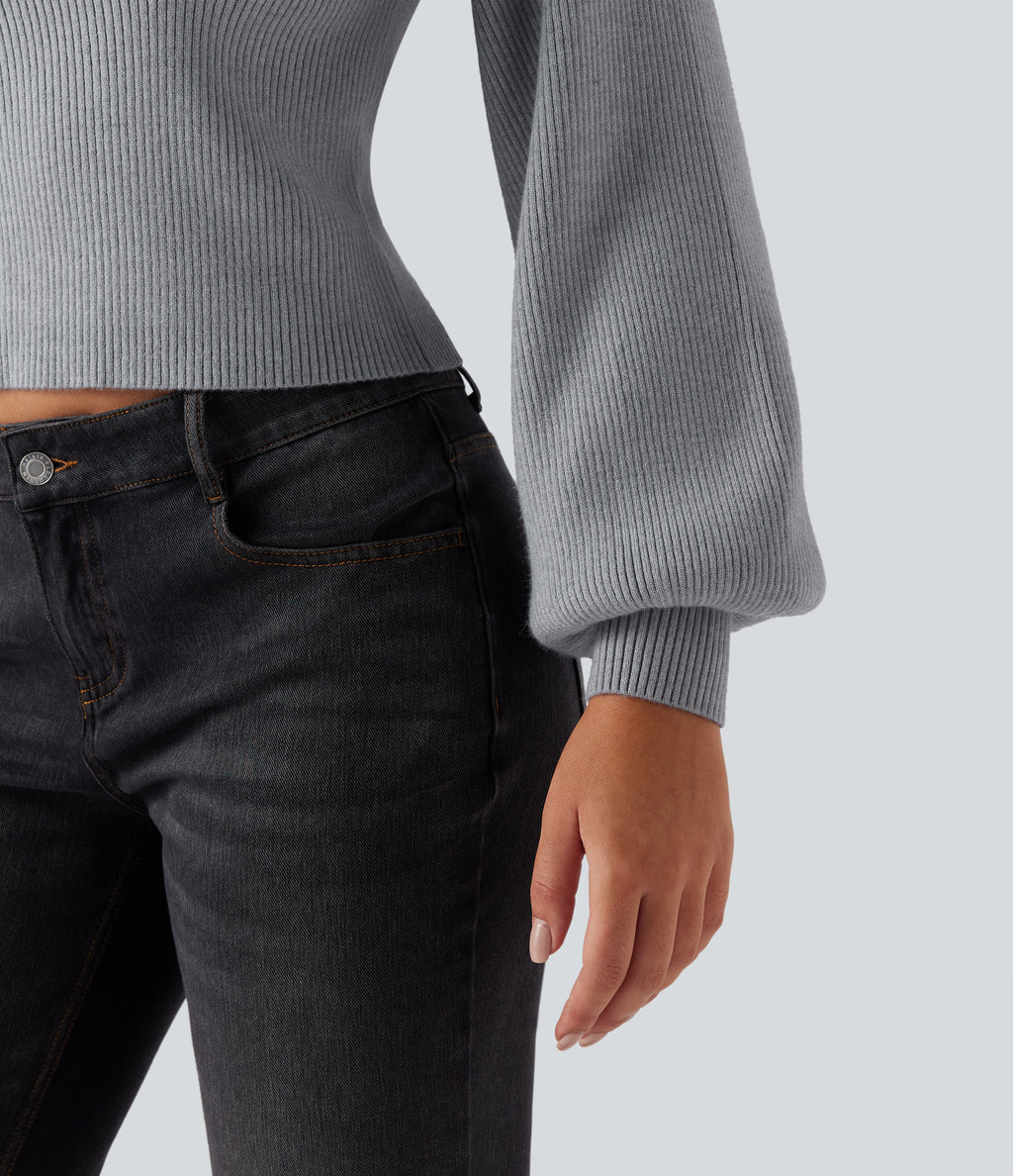 Queen Anne Neck Long Sleeve Casual Jumper — Light Blue Ash — view 4