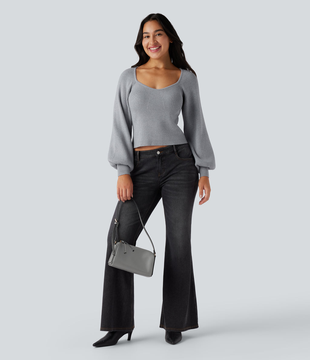 Queen Anne Neck Long Sleeve Casual Jumper — Light Blue Ash — view 5