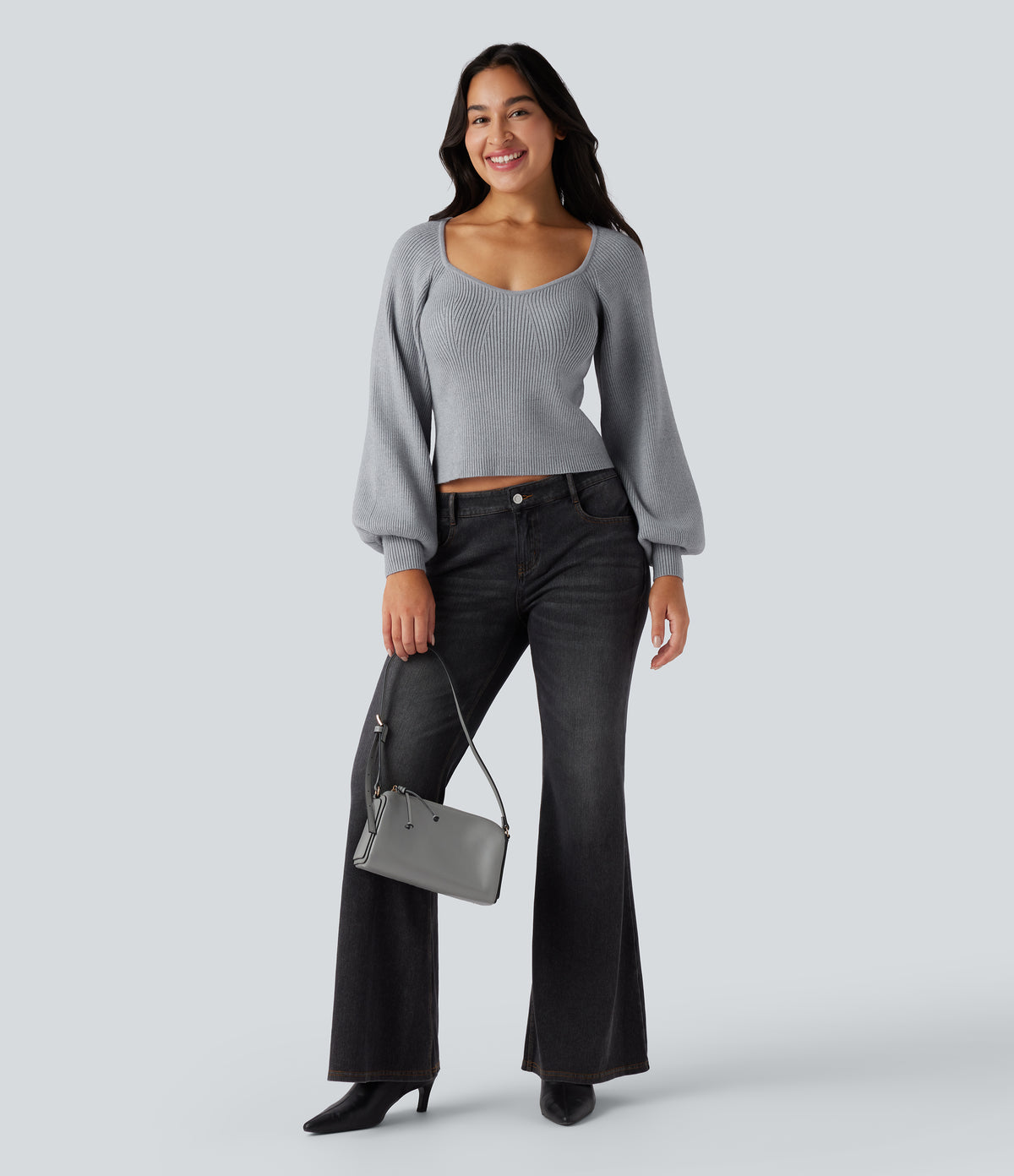 Queen Anne Neck Long Sleeve Casual Jumper — Light Blue Ash — view 5
