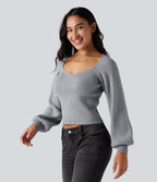 Queen Anne Neck Long Sleeve Casual Jumper — Light Blue Ash — view 3