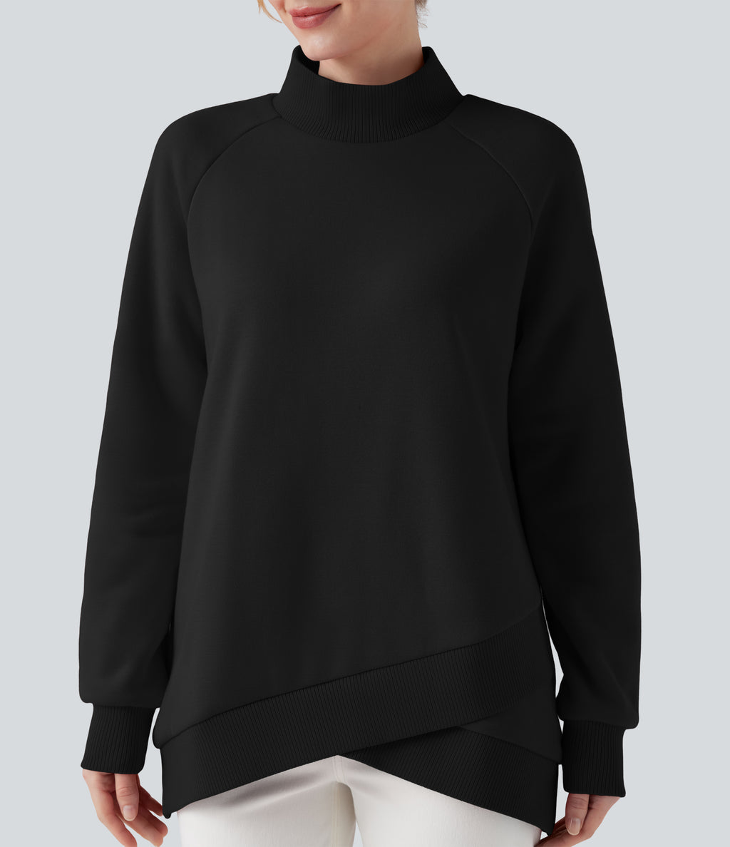 Mock-neck Raglan Long Sleeve Crossover Hem Fleece Casual Sweatshirt — Black — view 4