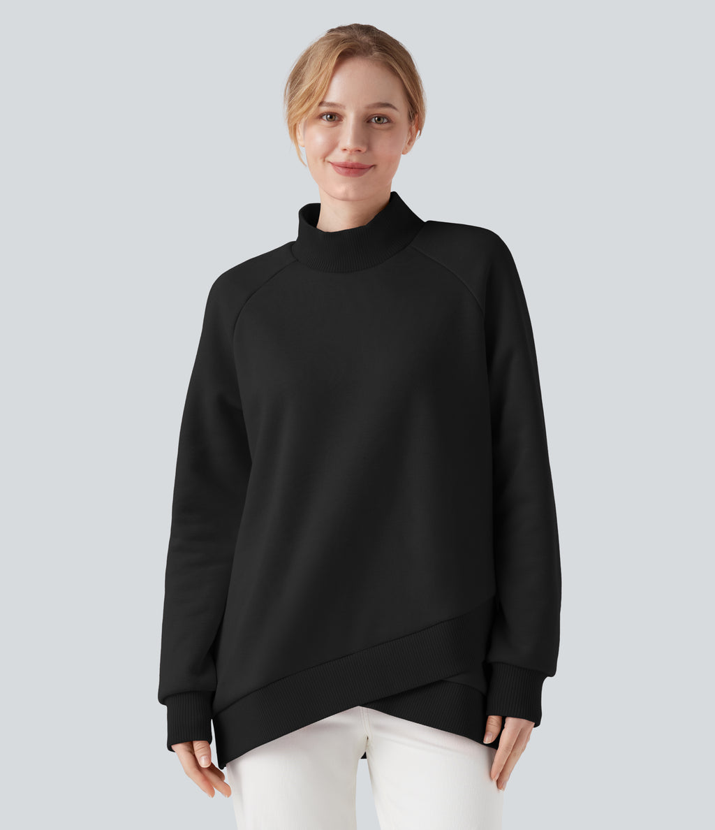 Mock-neck Raglan Long Sleeve Crossover Hem Fleece Casual Sweatshirt — Black — view 1