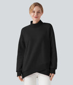 Mock-neck Raglan Long Sleeve Crossover Hem Fleece Casual Sweatshirt — Black — view 1