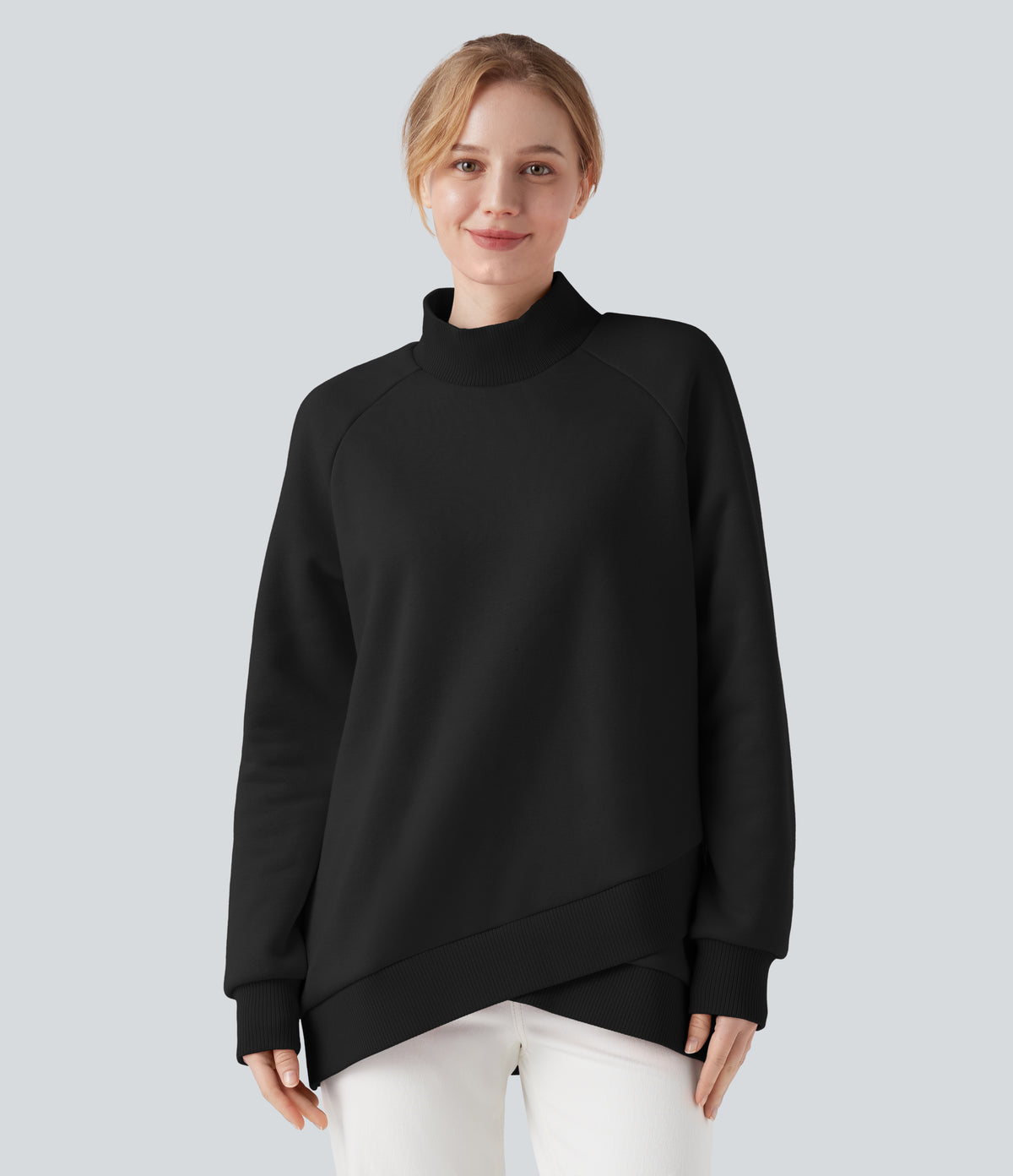 Mock-neck Raglan Long Sleeve Crossover Hem Fleece Casual Sweatshirt — Black — view 1