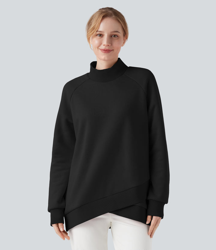 Mock-neck Raglan Long Sleeve Crossover Hem Fleece Casual Sweatshirt — Black — view 1