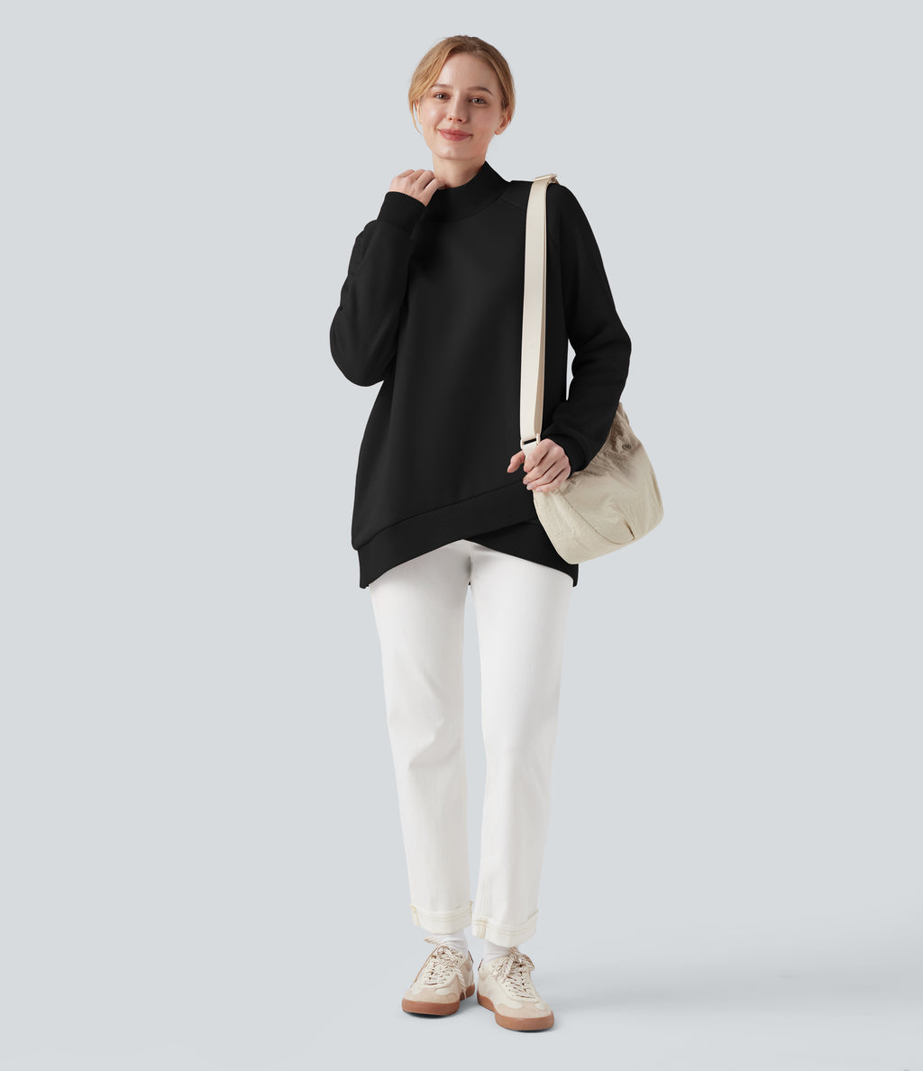 Mock-neck Raglan Long Sleeve Crossover Hem Fleece Casual Sweatshirt — Black — view 6