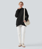 Mock-neck Raglan Long Sleeve Crossover Hem Fleece Casual Sweatshirt — Black — view 6