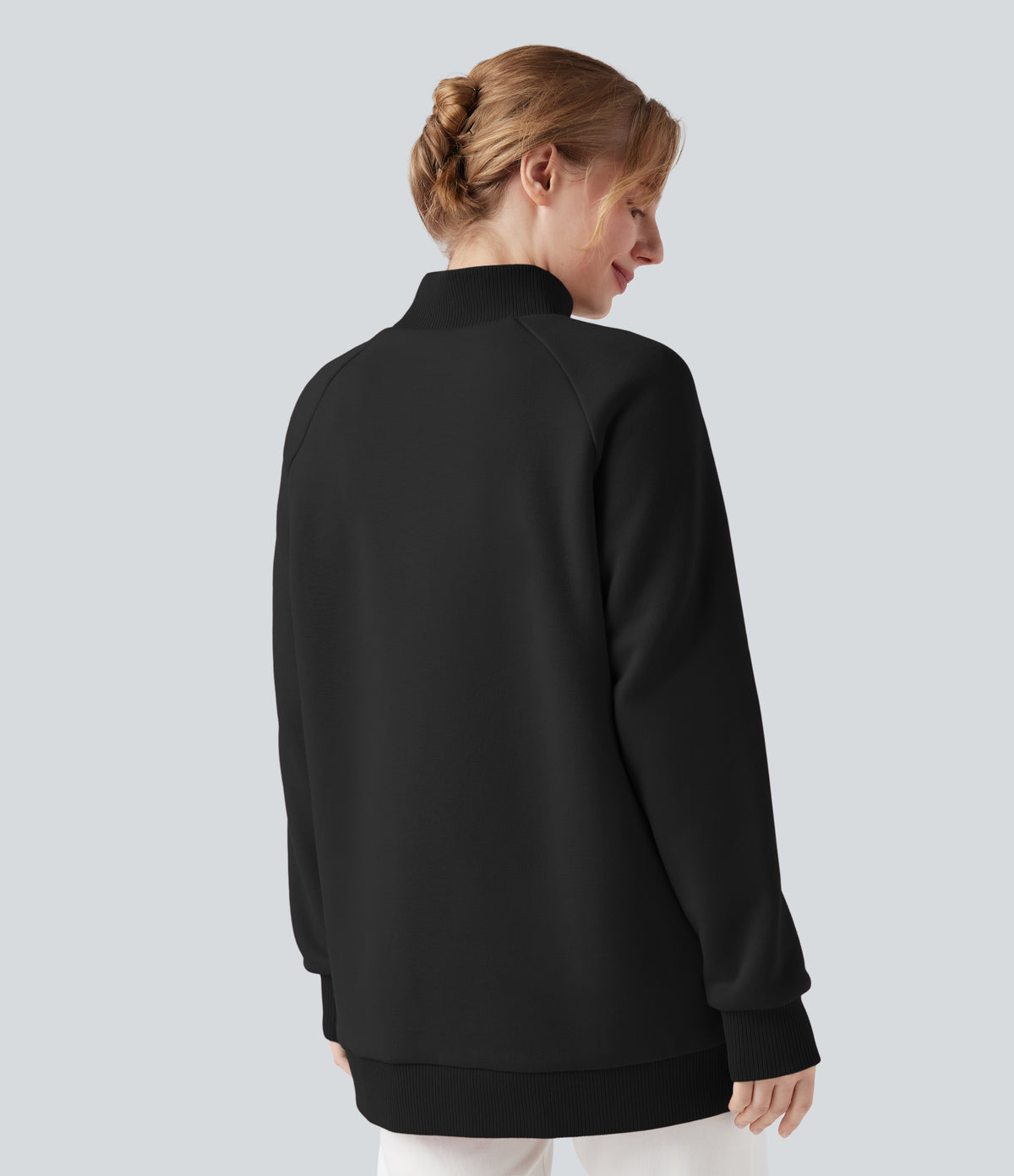 Mock-neck Raglan Long Sleeve Crossover Hem Fleece Casual Sweatshirt — Black — view 2
