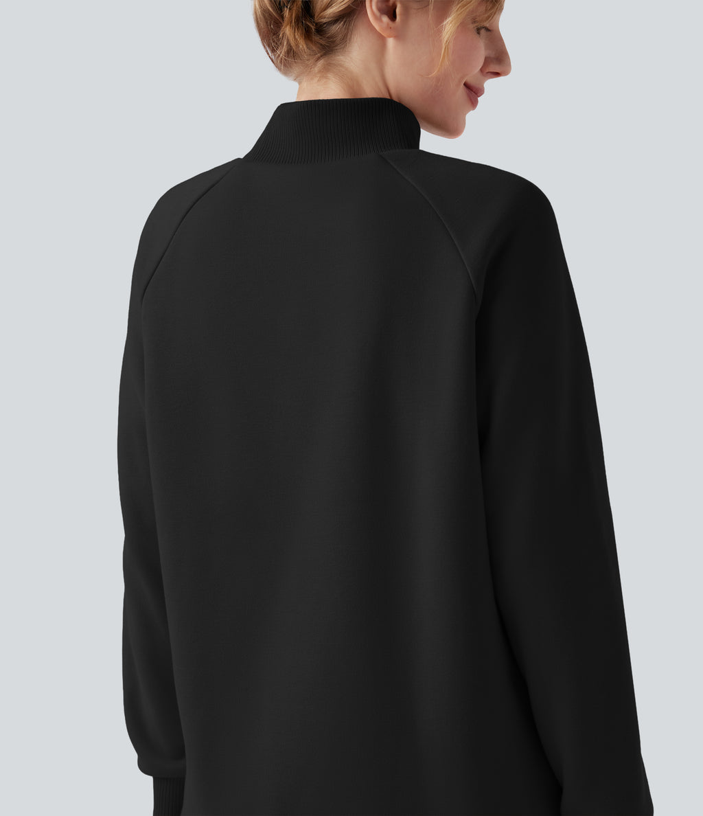 Mock-neck Raglan Long Sleeve Crossover Hem Fleece Casual Sweatshirt — Black — view 5