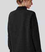 Mock-neck Raglan Long Sleeve Crossover Hem Fleece Casual Sweatshirt — Black — view 5