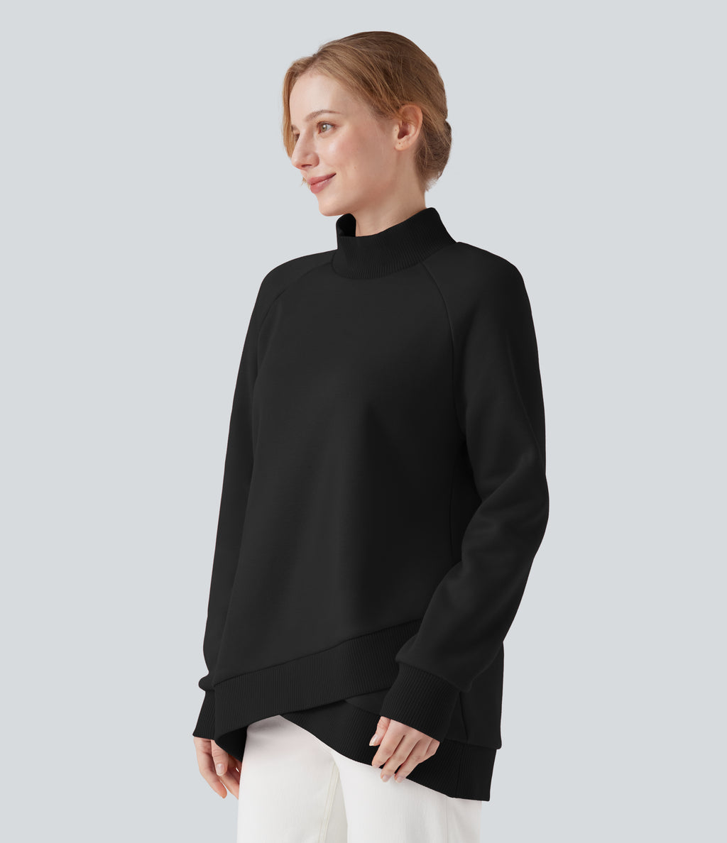 Mock-neck Raglan Long Sleeve Crossover Hem Fleece Casual Sweatshirt — Black — view 3