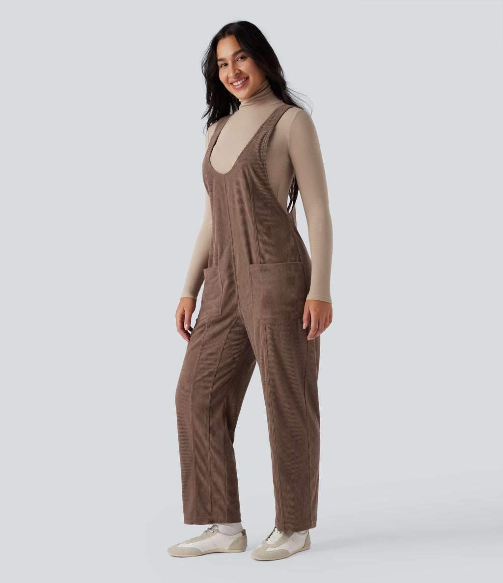 V Neck Corduroy Casual Dungarees with Pockets — Acorn — view 3