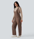 V Neck Corduroy Casual Dungarees with Pockets — Acorn — view 3