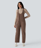 V Neck Corduroy Casual Dungarees with Pockets — Acorn — view 1