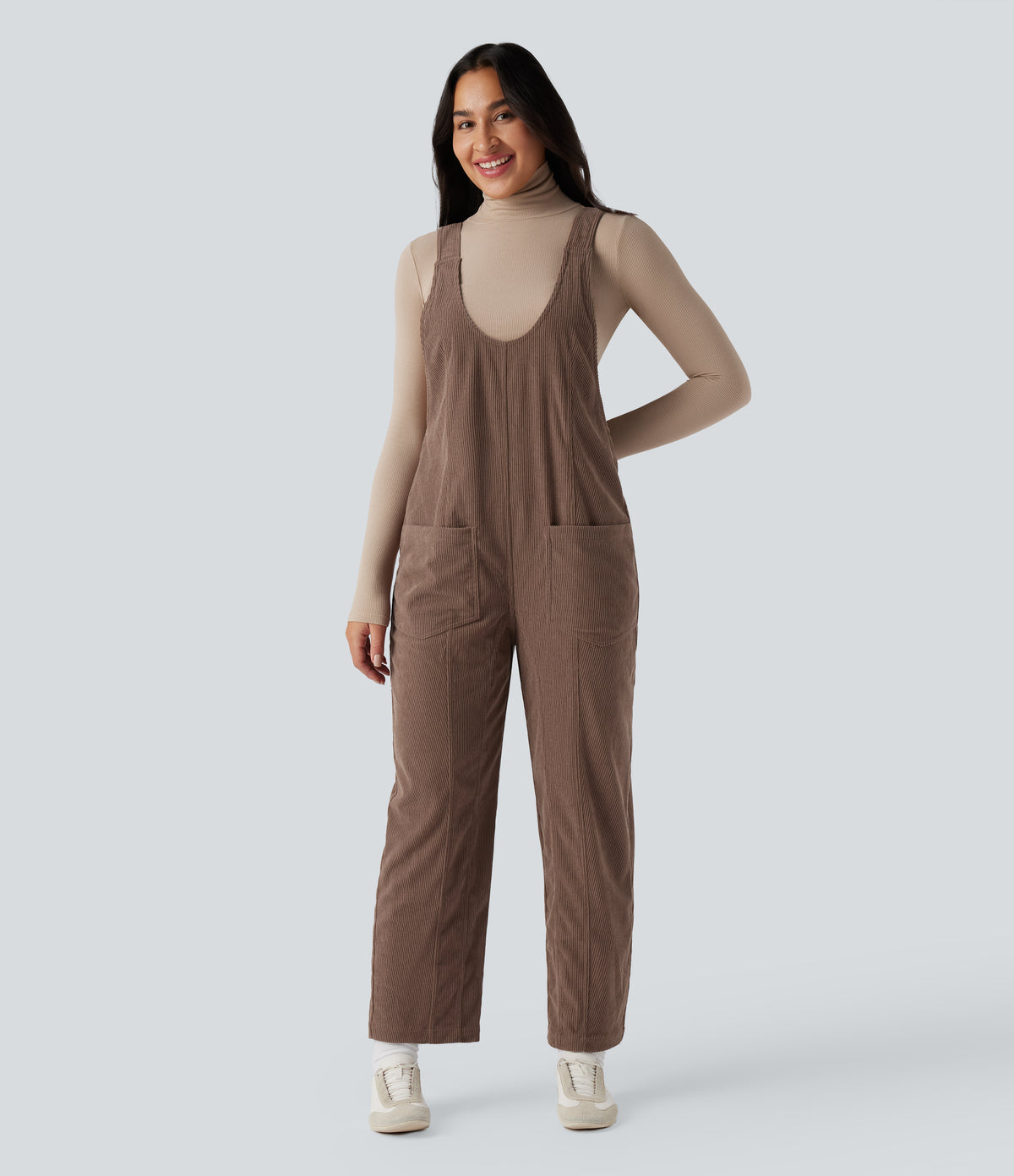 V Neck Corduroy Casual Dungarees with Pockets — Acorn — view 1