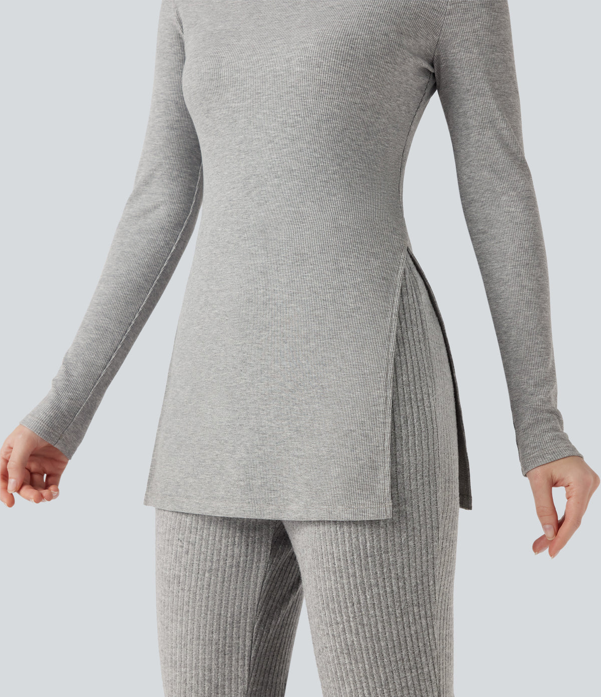Ribbed Knit High Neck Long Sleeve Casual T-Shirt — Cloud Heather Fleece — view 4