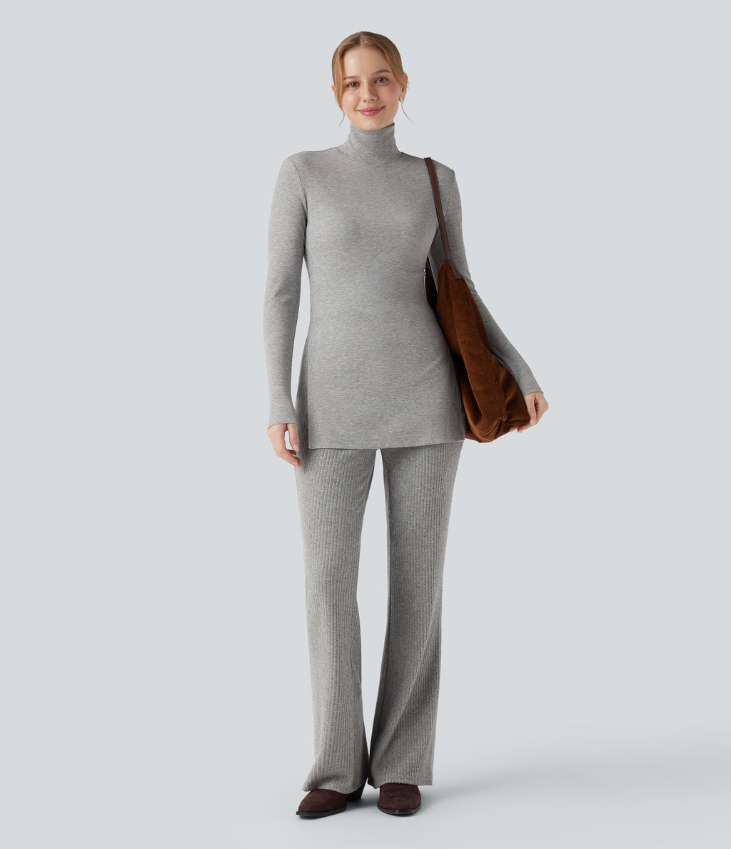 Ribbed Knit High Neck Long Sleeve Casual T-Shirt — Cloud Heather Fleece — view 5