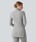 Ribbed Knit High Neck Long Sleeve Casual T-Shirt — Cloud Heather Fleece — view 2