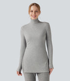 Ribbed Knit High Neck Long Sleeve Casual T-Shirt — Cloud Heather Fleece — view 3