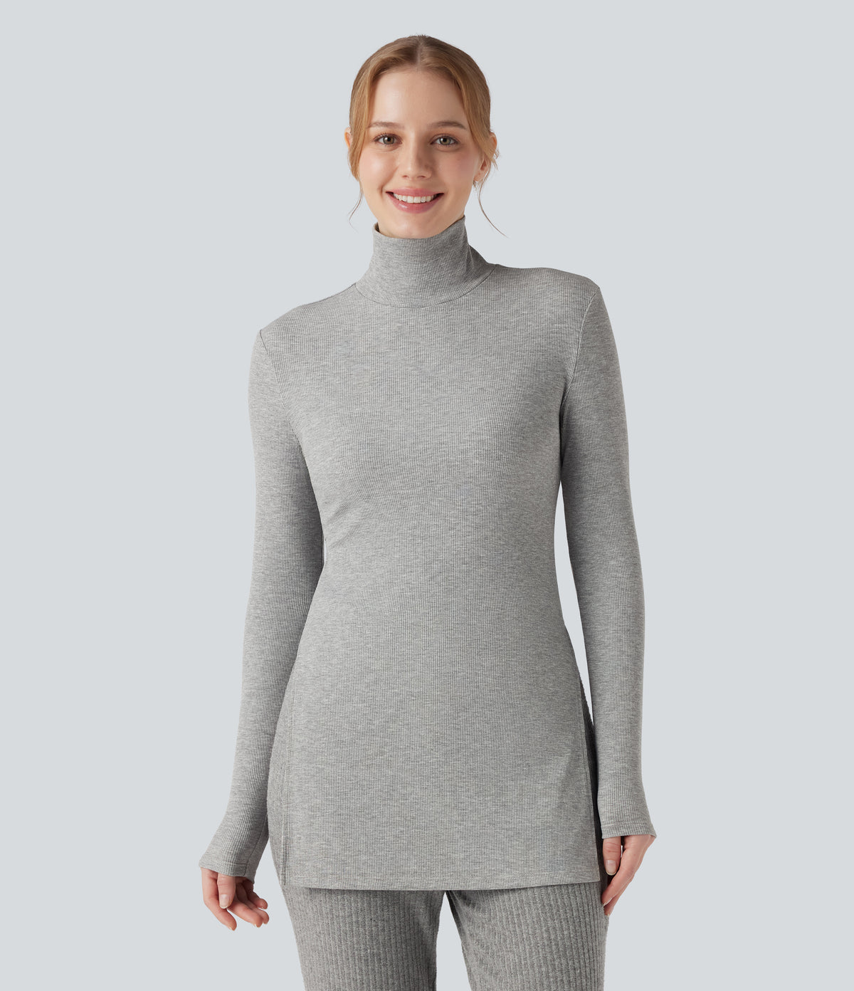 Ribbed Knit High Neck Long Sleeve Casual T-Shirt — Cloud Heather Fleece — view 3