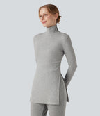 Ribbed Knit High Neck Long Sleeve Casual T-Shirt — Cloud Heather Fleece — view 1