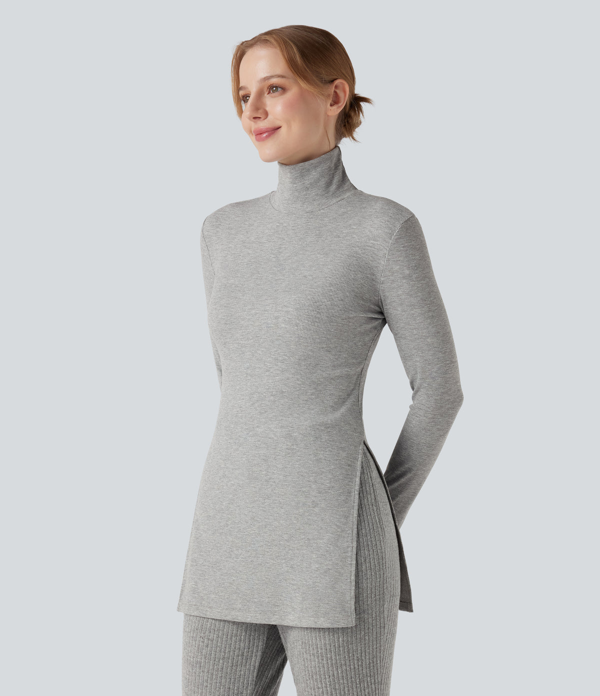 Ribbed Knit High Neck Long Sleeve Casual T-Shirt — Cloud Heather Fleece — view 1