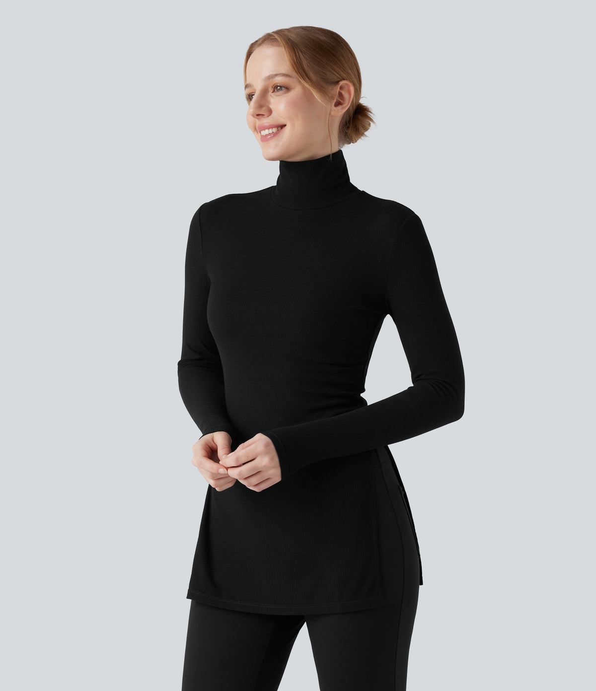 Ribbed Knit High Neck Long Sleeve Casual T-Shirt — Black — view 6