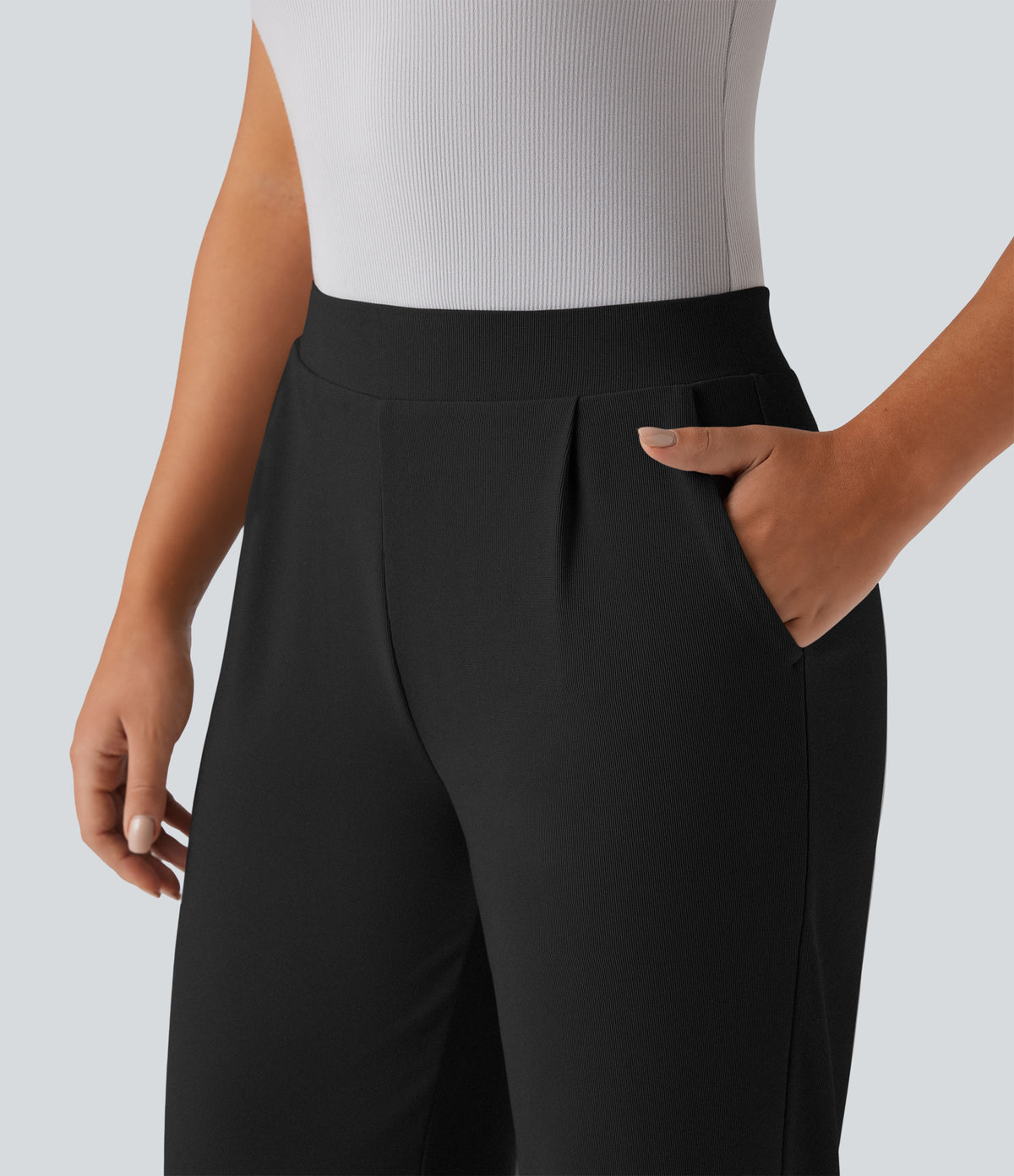 High Waisted Tummy Control Body Sculpt Waist-Slimming Wide Leg Micro Waffle Work Trousers with Pockets — Black — view 4