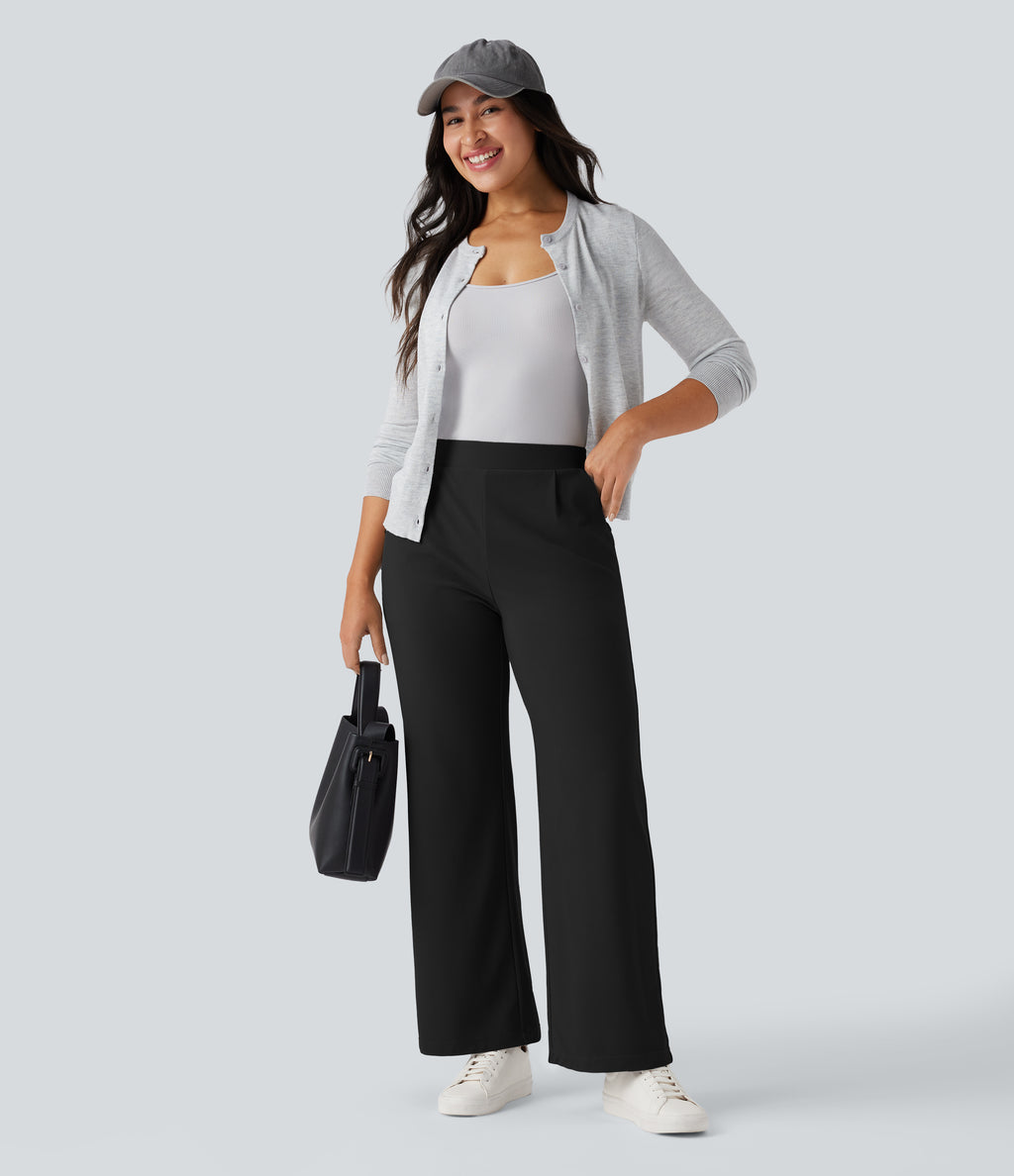 High Waisted Tummy Control Body Sculpt Waist-Slimming Wide Leg Micro Waffle Work Trousers with Pockets — Black — view 6