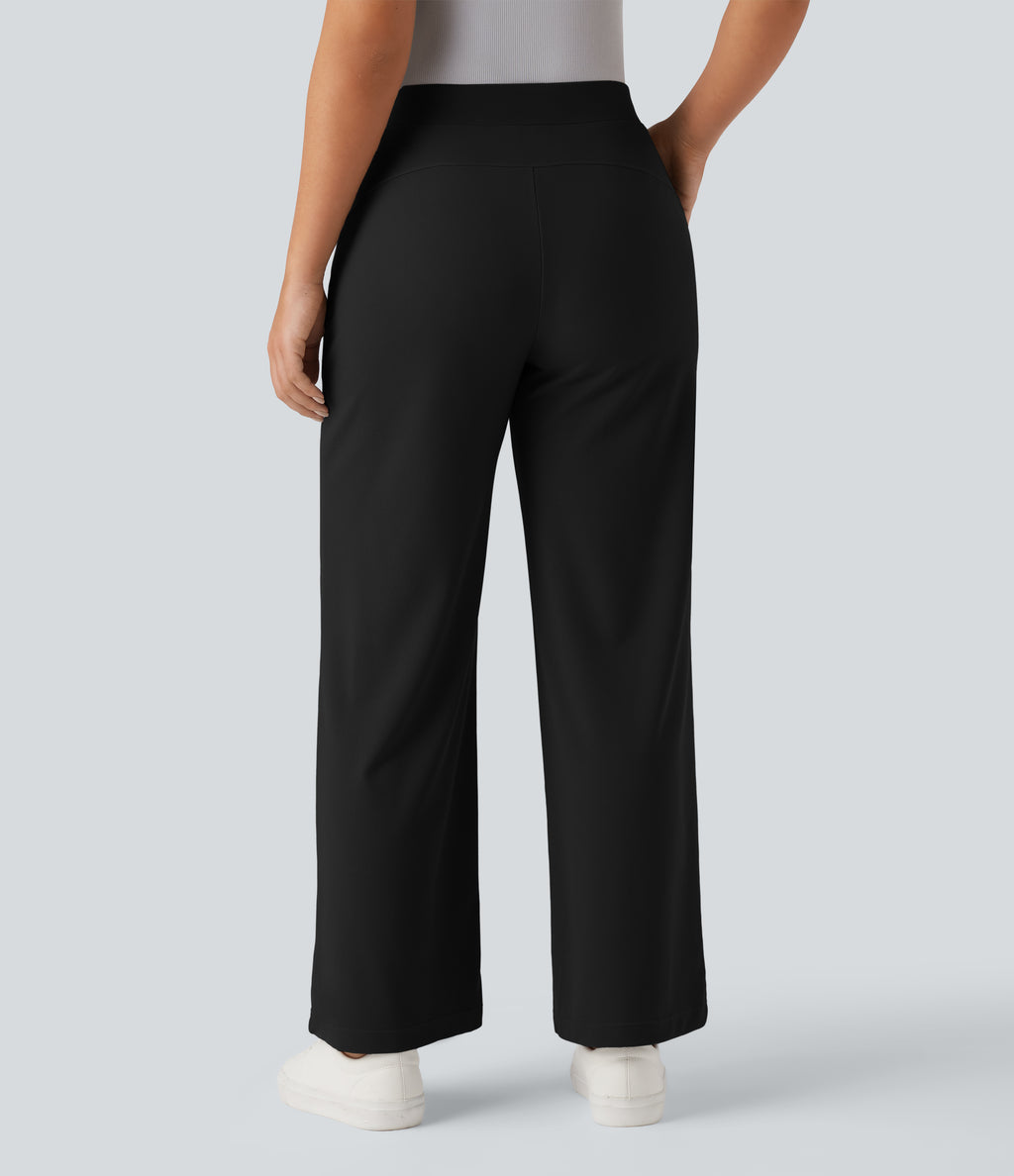 High Waisted Tummy Control Body Sculpt Waist-Slimming Wide Leg Micro Waffle Work Trousers with Pockets — Black — view 2