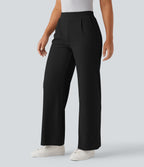 High Waisted Tummy Control Body Sculpt Waist-Slimming Wide Leg Micro Waffle Work Trousers with Pockets — Black — view 3