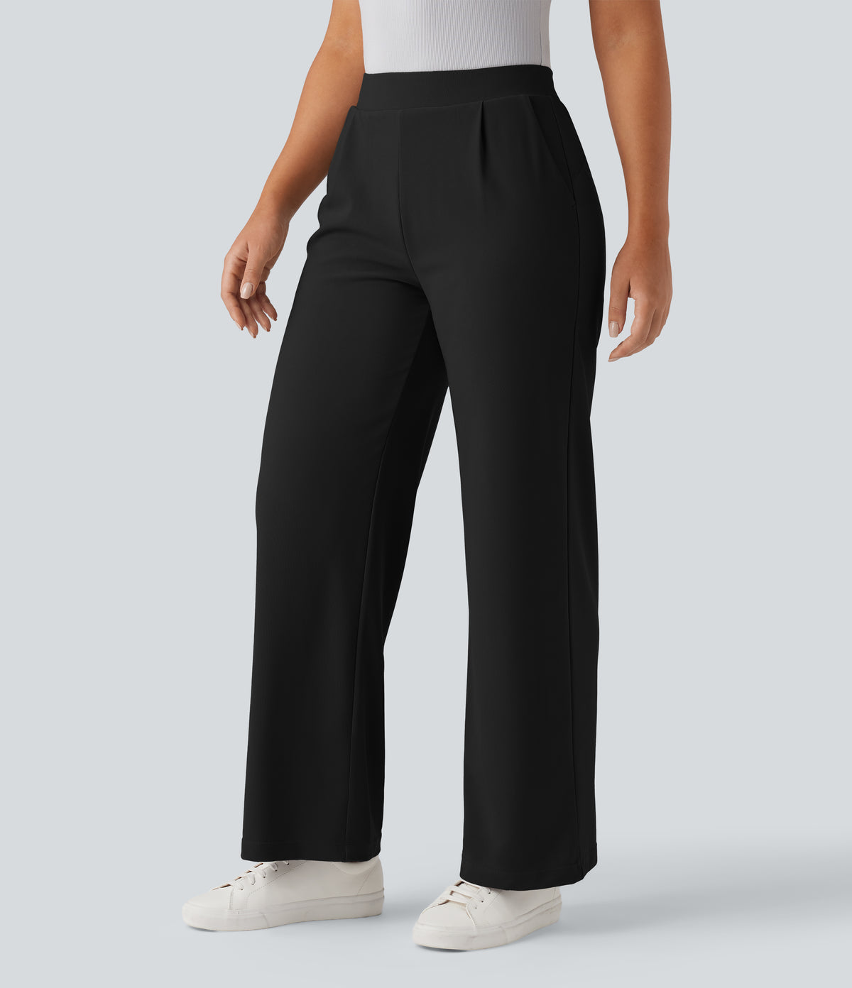 High Waisted Tummy Control Body Sculpt Waist-Slimming Wide Leg Micro Waffle Work Trousers with Pockets — Black — view 3