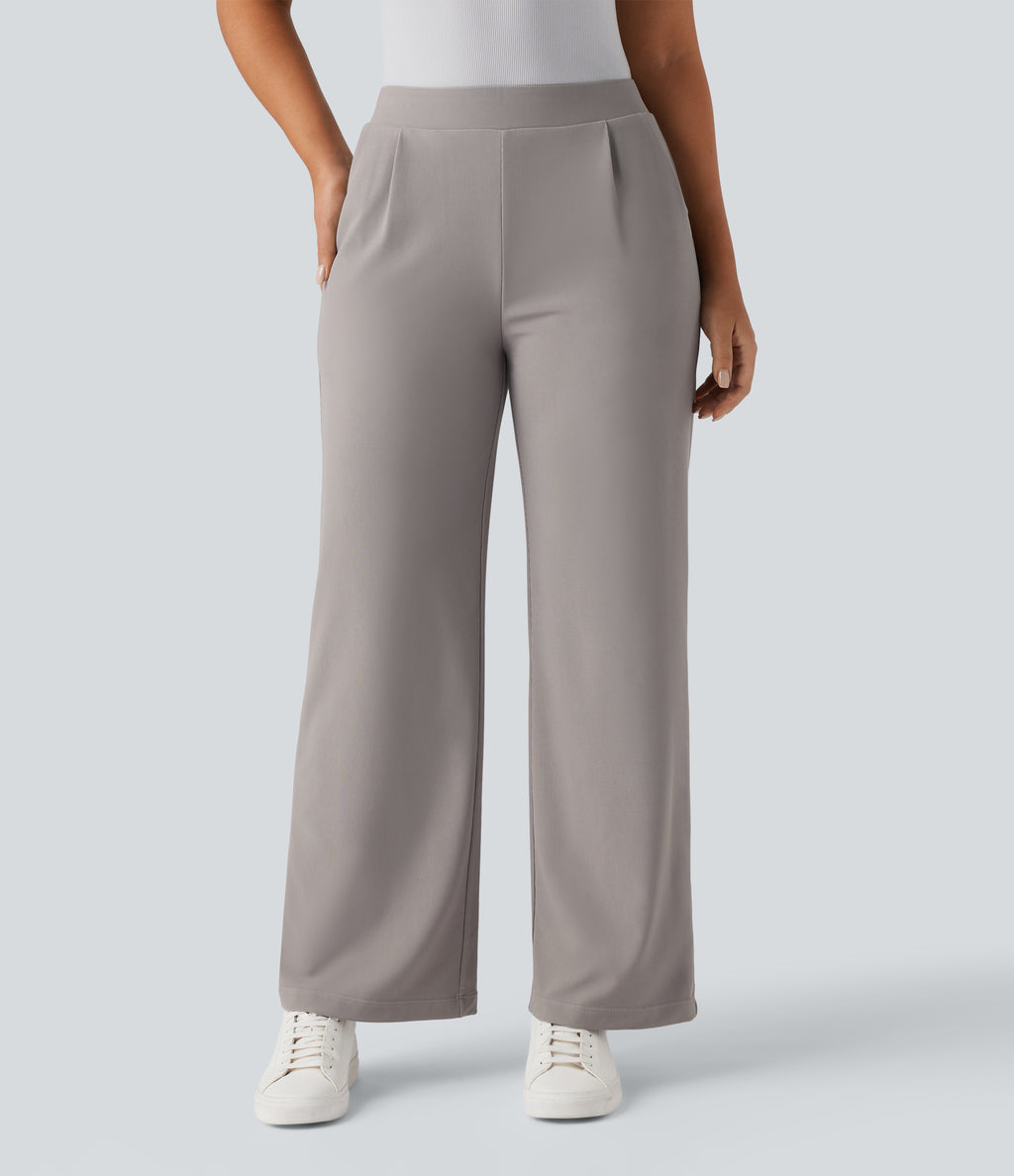 High Waisted Tummy Control Body Sculpt Waist-Slimming Wide Leg Micro Waffle Work Trousers with Pockets — Satellite — view 8