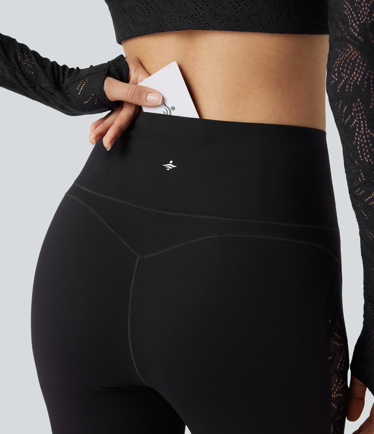 High Waisted Tummy Control Contrast Lace Yoga Leggings with Pocket — Black — view 4