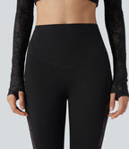 High Waisted Tummy Control Contrast Lace Yoga Leggings with Pocket — Black — view 5